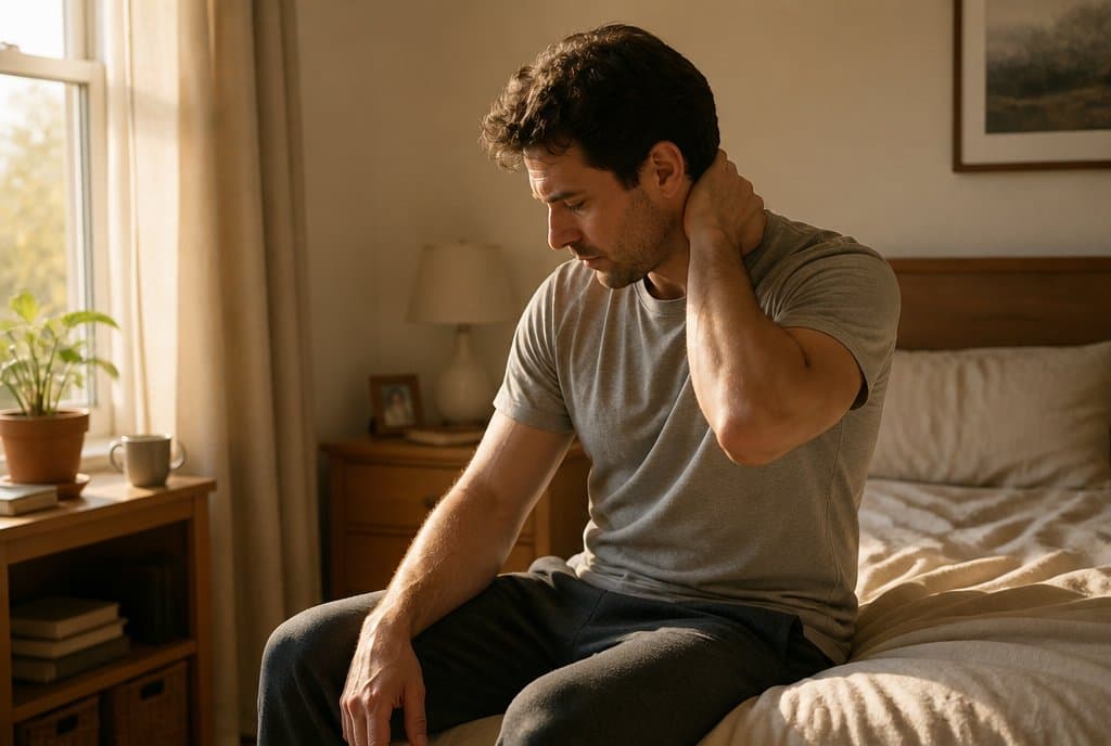 An adult at home rubbing a stiff neck the morning after a crash