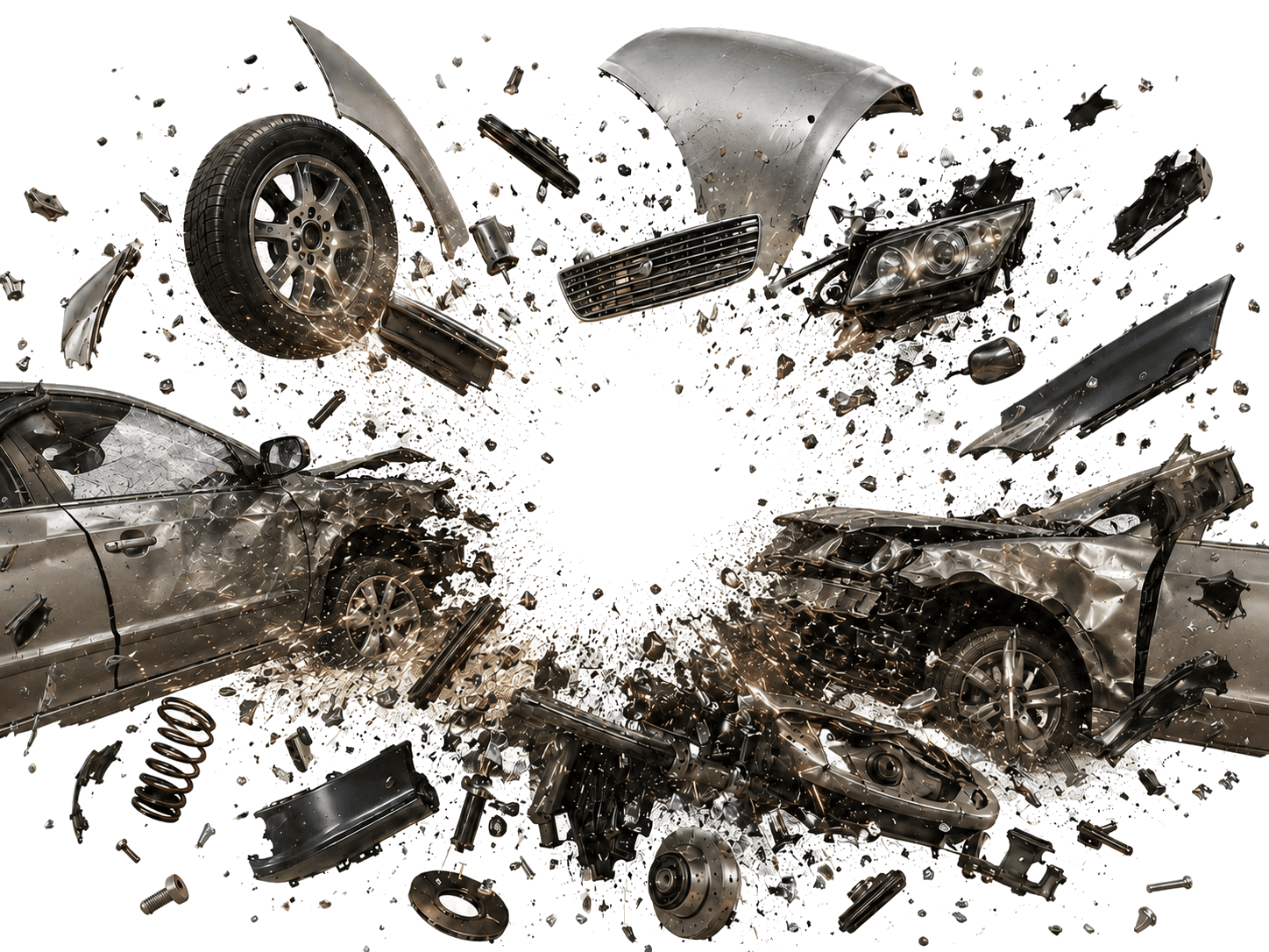 Two cars colliding with pieces floating in mid-air