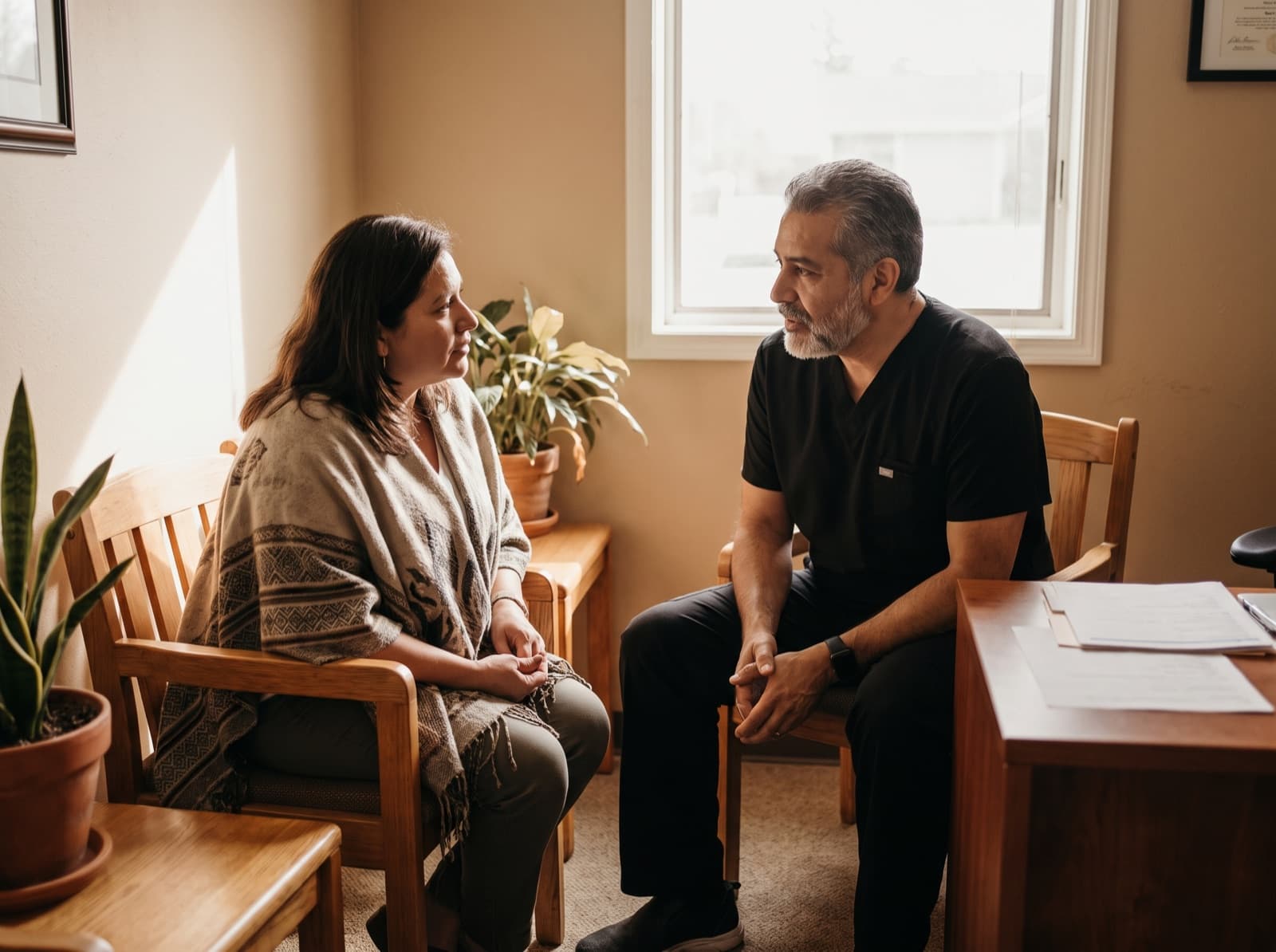 Dr Banda seated knee to knee with a patient, mid-conversation