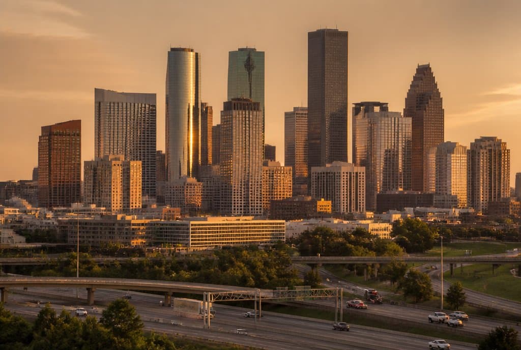 Downtown Houston skyline at golden hour