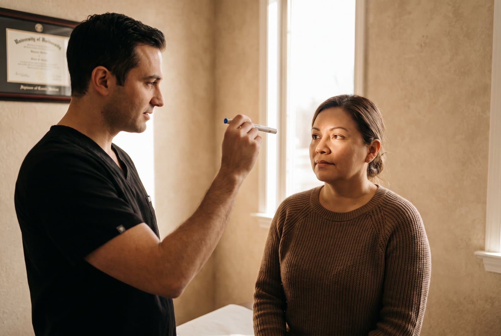 Doctor performing a concussion check with a small light