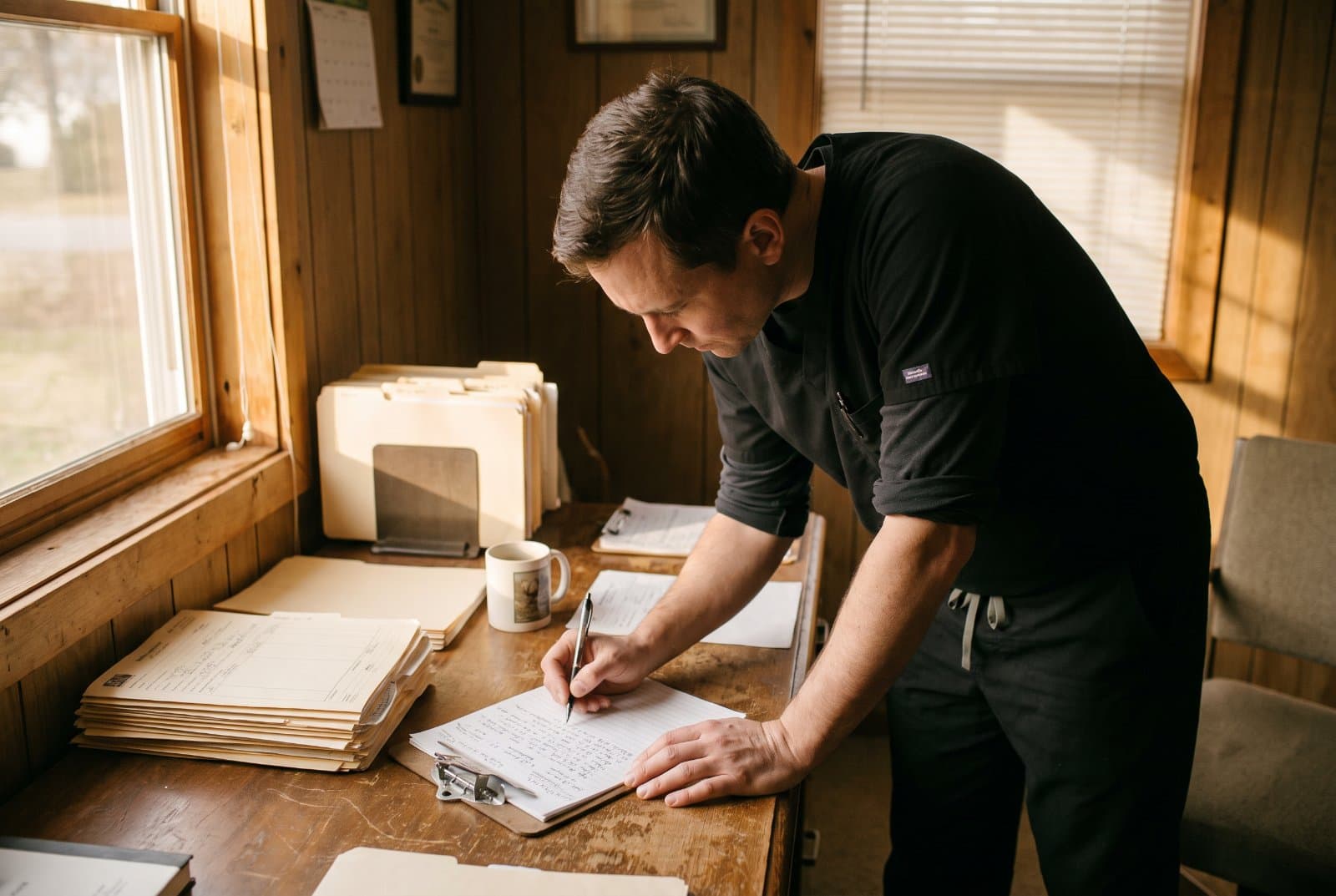 Doctor writing detailed notes in a patient chart