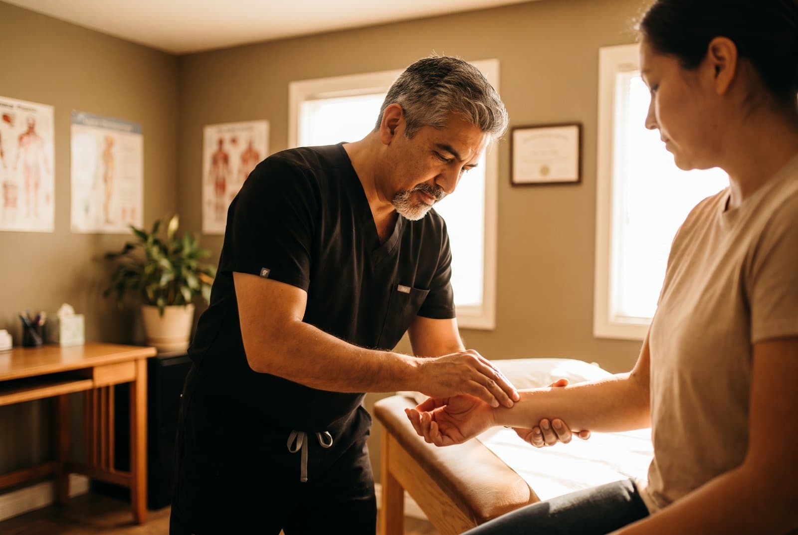 Doctor performing an injury evaluation in a warm exam room