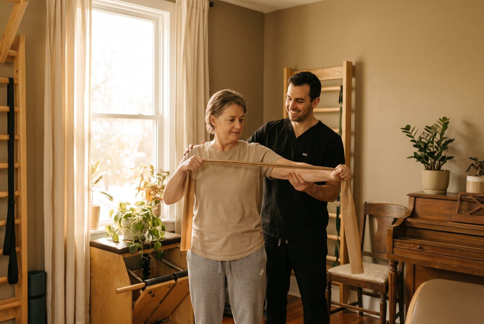 Patient doing a guided shoulder stretch with a resistance band